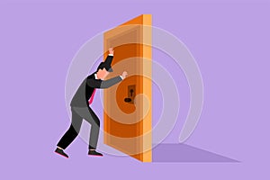 Graphic character flat design drawing of young businessman pushes closed wooden door. Business struggles metaphor. Strength