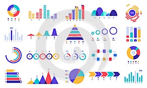 Graphic charts icons. Finance statistic chart, money revenue and profit growth graph. Business presentation graphs flat