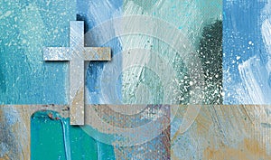 Graphic Christian cross on abstract brushstroke grid background