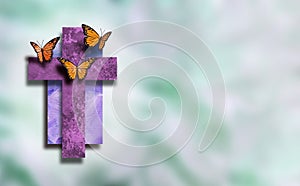 Graphic Christian Cross with new life Butterflies with soft blur background