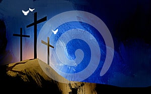 Graphic Christian crosses of Jesus landscape with spiritual dove
