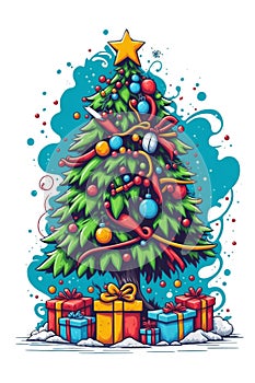 graphic christmas tree with christmas gifts on white background