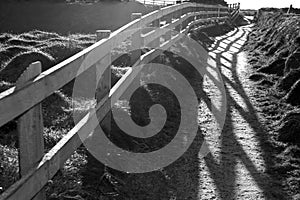 Graphic cliff edge fence path shadows