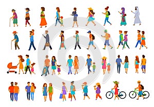 Graphic collection of people walking.family couples,parents, man and woman different age generation walk