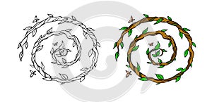 Graphic and colored branches with leaves in circle composicion. photo