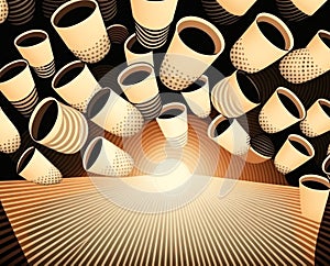 A graphic composition with lots of blue and white coffee cups with black lids