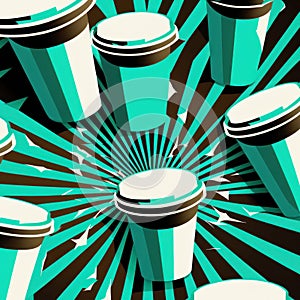 A graphic composition with lots of blue and white coffee cups with black lids