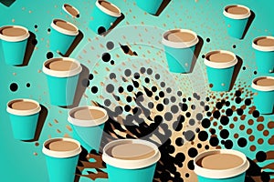 A graphic composition with lots of blue and white coffee cups with black lids