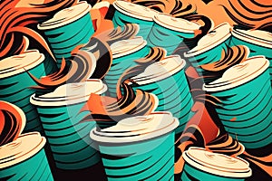 A graphic composition with lots of blue and white coffee cups with black lids