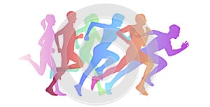 Graphic composition of people running maraphone, gradient silhouettes from jogging to speed run