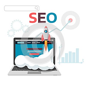 Graphic concept SEO optimization. Flat vector illustration web analytics design. Launch landing page site and promotion