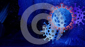 Graphic Coronavirus germ cells background art in blue with red glow