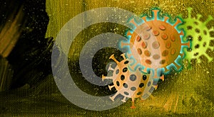 Graphic Coronavirus germ cells background art in yellow, golds with electric glow
