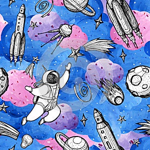 Graphic cosmos with spaceman in a gouache background. Hand-drawn clipart for art work and weddind design.