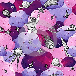 Graphic cosmos with spaceman in a gouache pink background. Hand-drawn clipart for art work and weddind design.