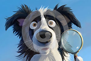 Graphic depiction of a Border Collie on a blue background holding a magnifying glass, exploring the world,the concept of photo