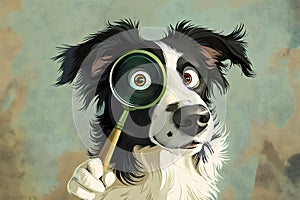 Graphic depiction of a Border Collie with a magnifying glass, seeking something interesting and entertaining,the concept of photo