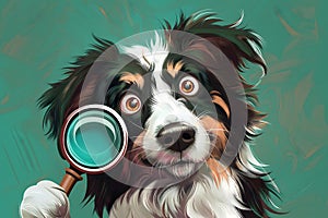 Graphic depiction of a Border Collie with a magnifying glass seeking something unique and fun,the concept of educational materials photo