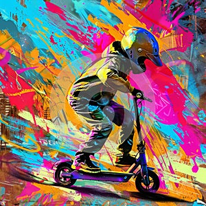 Graphic depiction of a helmet-wearing child on a scooter embedded in an explosion of urban street art.