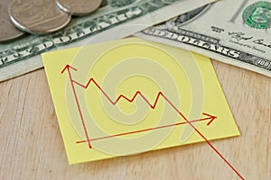 Graphic with descending line on paper note, dollar coins and banknotes - Concept of lost money value