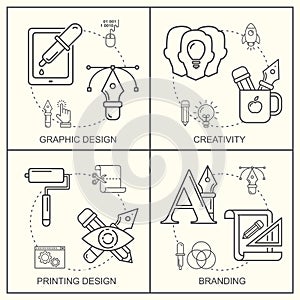 Graphic desGraphic designer profession pattern with gray linear icons.