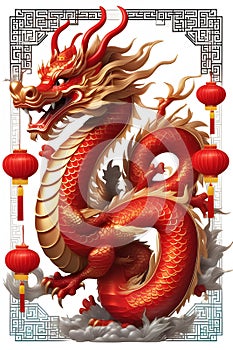 A graphic design art of a chinese dragon with chinese red lampions, chinese new year theme, white bavkground
