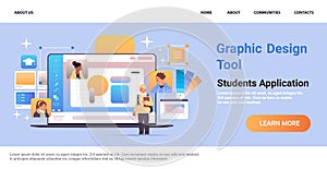 graphic design artists working on laptop man woman designers creating logo digital art creation students application