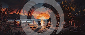 Graphic design of a beautiful scenery of a sunset vision. People around a bonfire.