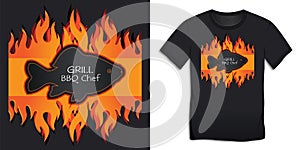 Graphic design of black carp BBQ and grill t-shirts, grilled fish on fire, black board with chalk text