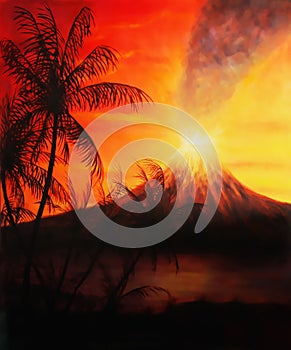 Graphic design collage with palm trees and volcano in the background in sunset atmosphere.