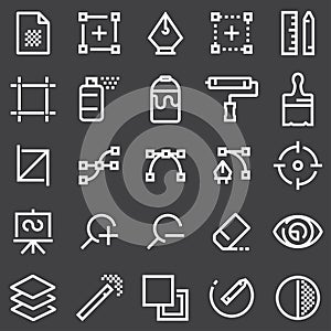 Graphic design, creative package, stationary, software and more, thin line icons set