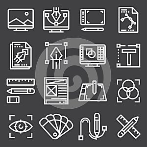 Graphic design, creative package, stationary, software and more, thin line icons set,