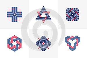 Graphic design elements for logo creation, intertwined lines vintage style icons collection, abstract geometric linear symbols