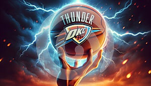 A graphic design featuring the OKC Thunder logo on a basketball