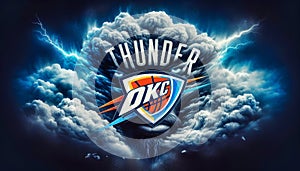A graphic design featuring the OKC Thunder logo surrounded by images of thunder clouds