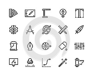 Graphic design line icons. Drawing and art tools, soft and supplies, graphic tablet pallet artwork professional