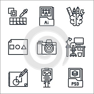 graphic design line icons. linear set. quality vector line set such as psd file, poster, sketchup, table, camera, basic shapes,