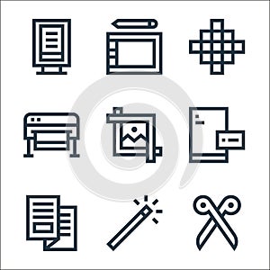 graphic design line icons. linear set. quality vector line set such as scissors, magic wand, brochure, paper, crop, plotter, pixel