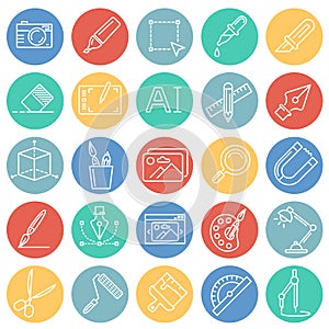 Graphic design line icons set on color circles white background for graphic and web design, Modern simple vector sign. Internet