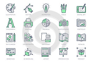 Graphic design line icons. Vector illustration included icon - digital creative tool, paintbrush, palette, prepress