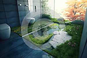 graphic design of modern bright interior bathroom surrounded by plants
