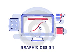 Graphic design pen tool drawing curve line on display computer monitor white isolated background with flat outline style