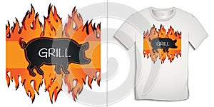 Graphic design of pig and grill t-shirts, grilled pork on fire, black board with chalk text