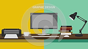 Graphic design profession workdesk monitor printer books lamp pc computer