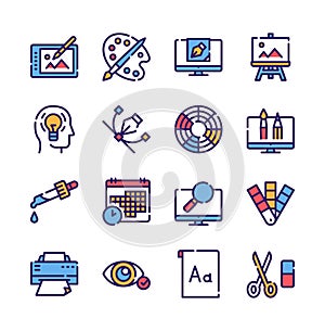 Graphic design studio color linear icons set