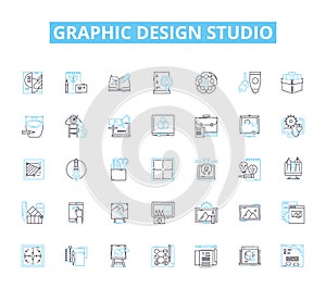 Graphic design studio linear icons set. Creativity, Typography, Branding, Logos, Illustration, Layout, Color line vector