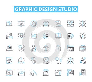 Graphic design studio linear icons set. Creativity, Typography, Branding, Logos, Illustration, Layout, Color line vector