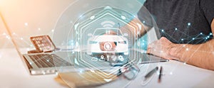 Graphic designer using modern smart car interface 3D rendering