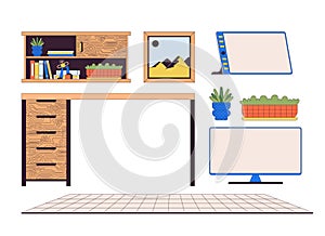 Graphic designer gadgets furniture 2D linear cartoon objects set
