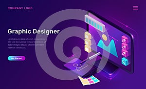 Graphic designer isometric landing page, banner